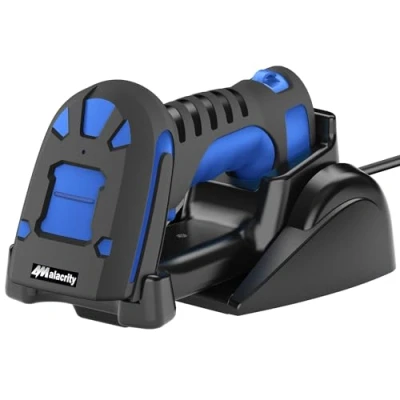 Abbildung von Alacrity 2D Industrie Barcode Scanner mit kabelloser Ladestation, 400m Übertragungsdistanz 433Mhz Wireless &amp; Bluetooth 2in1 Lesegerät, stoßfest, staubdicht, freihändig, Blau