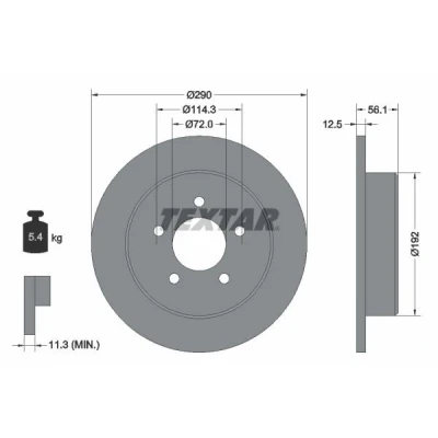 Abbildung von TEXTAR 92108400 Bremsscheibe 290 12,5 05/05 114,3 voll ohne Radbefestigungsbolzen, Radnabe CHRYSLER: Grand VOYAGER IV, 4