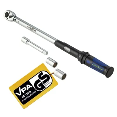 Abbildung von Goodyear Premium Drehmomentschlüssel, Einstellbar von 42 bis 210 Nm, Antrieb 1/2&quot; Vierkant, inkl. Verlängerung und Stecknüsse 17 mm 19 mm, Blau, Schwarz, Silber