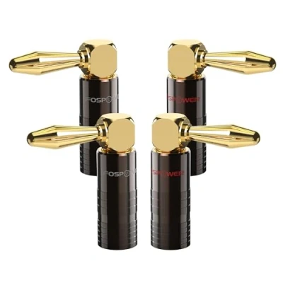 Abbildung von FosPower 2 Paar (4 Stück) Bananenstecker, 24K vergoldet, rechtwinklig Lautsprecherstecker für Lautsprecherkabel, Wandplatten, Heimkino, Verstärker und Audiosysteme