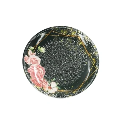 Abbildung von Kaladia Keramik Reibeteller/Keramikhobel ideal für Ingwer, Parmesan etc. in Schwarz mit rosa Rose Durchmesser: 12 cm handgemacht &amp; handbemalt Made Spain