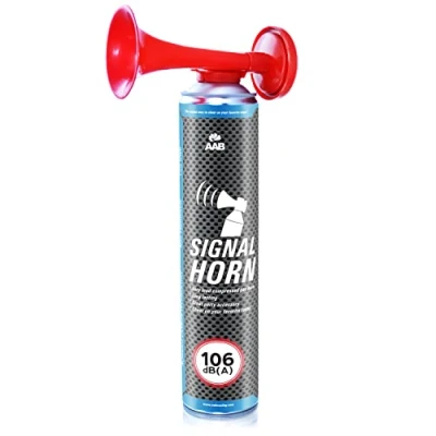 Abbildung von AAB Signal Horn Laut Drucklufthorn 106 dB(A), Fussball Fanartikel Mit Nicht Brennbarem Gas, Bis Zu 320 Kurze Pieptöne, Fanfare, Gaströte, Stadion Signalhorn, Drucklufthupe, Pressluft Tröte
