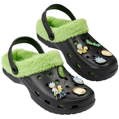 Abbildung von Rick and Morty Winter Clogs Herren, Fleece Pantoffeln mit abnehmbaren Pins, Plüsch Hausschuhe Herren &amp; Teenager (Schwarz/Grün, 40/41 EU)