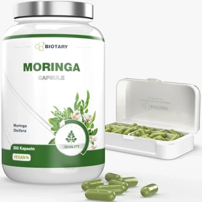 Abbildung von Moringa Oleifera 300 Kapseln, 1800mg hochdosiert, 3 4 Monatsvorrat, inklusive Pillenbox, 100% Vegan, rein pflanzlich, Laborgeprüft, Made in Germany