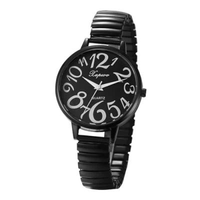 Abbildung von JewelryWe Damenuhr Elastische Uhr mit Zugarmband: Damen Analog Quarz Armbanduhr Schwarz Edelstahl Stretch Armband Einfache großem Zifferblatt und großen Zahlen für Senioren