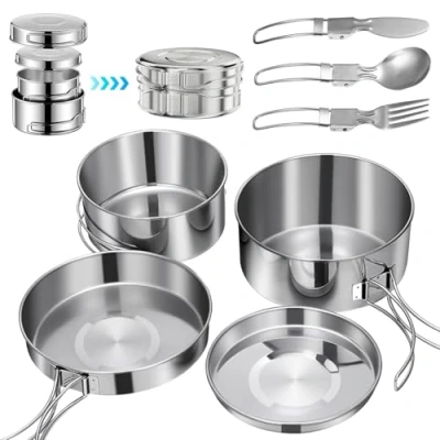 Abbildung von Camping Kochgeschirr Set 7 teiligtes Outdoor 2 3 Personen Edelstahl Topf mit Geschirr Kochtopf Faltbare Campinggeschirr Pot Plate für Picknick Backpacking Wandern