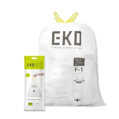 Abbildung von EKO Größe F 1 Müllbeutel für Kücheneimer mit zwei Fächern 18 28 Liter Fassungsvermögen extra starke Beutel Kordelzug 20 Beutel, weiß
