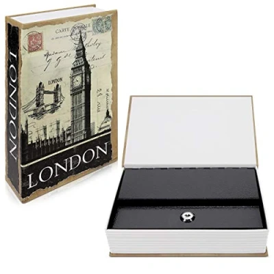 Abbildung von Navaris Buchtresor Versteck Größe L mit 2X Schlüssel 24 x 16 5cm London Design Buchsafe Attrappe Geheimfach Buch Geldversteck