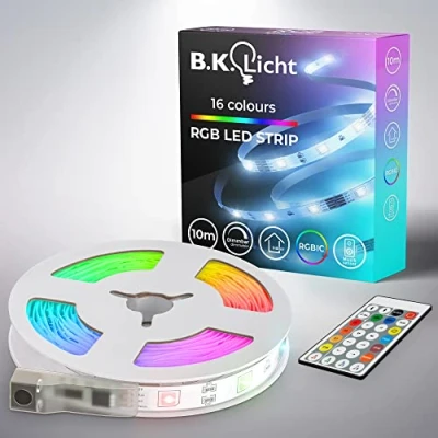 Abbildung von B.K.Licht LED Strip 10 m mit Musiksensor, Fernbedienung, RGB IC dynamischer Farbwechsel, Streifen, Leiste, Zimmer Deko, Gaming Band, Lichtleiste, 100x1x0,3 cm, Weiß