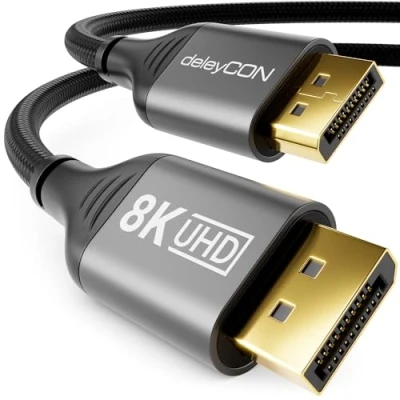 Abbildung von deleyCON 3,0m DisplayPort Kabel 1.4 (8K@60Hz 4K@165Hz 2K@360Hz) UHD WQHD HDR HDCP 2.2 AMD FreeSync NVIDIA G Sync Ideal für Gaming Monitor und Grafikkarte Grau Schwarz