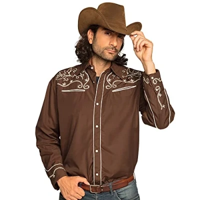 Abbildung von Boland Herren Hemd Western, Braun mit Stickerei, Cowboy, Wilder Westen, Kostüm, Karneval, Mottoparty