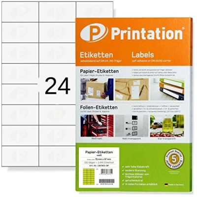 Abbildung von Printation Universal Etiketten 70 x 37 mm weiß 2400 Adressetiketten selbstklebend auf 100 DIN A4 Bogen á 3x8 24 Adressaufkleber 70x37 pro Blatt Internetmarke bedruckbar Klebeetiketten FBA