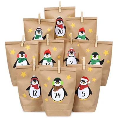 Abbildung von Papierdrachen DIY Adventskalender Kraftpapier Set Pinguine zum Aufkleben mit 24 braunen Papiertüten selbst Befüllen und Selbermachen Weihnachten