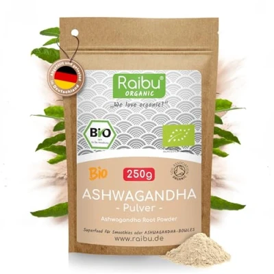 Abbildung von Raibu Ashwagandha Premium BIO Pulver (250g) I 100% ECHTES Indischer Ginseng Ayurveda, Withania Somnifera