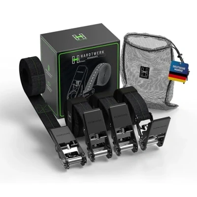 Abbildung von Hardtwerk® Spanngurte mit Ratsche (4 Stück) 6m, 1000kg Greifkraft, TÜV &amp; GS Zertifiziert Vielseitige Ratschenzurgurte für den Professionellen Gebrauch Anhänger, Gepäck Camping, Schwarz