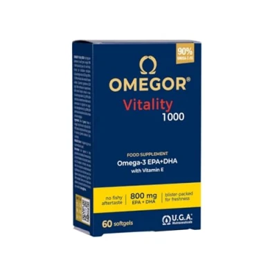 Abbildung von OMEGOR Vitality 1000 NEU mit 85% Omega 3 TG! Zertifiziert 5* IFOS ab 2006 EPA 500mg und DHA 250mg pro Perle. Min. Konstruktion 90% Trigliceride Molekularentfernung 60cps