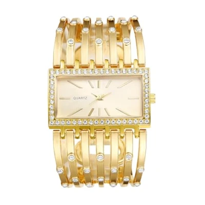 Abbildung von JewelryWe Damenuhr Rechteckig Armreif Uhr: Damen Glitzer Strass Analog Quarz Armbanduhr Frauen Gold Breit Metallarmband Armspange Lässige Diamant Spangenuhr mit Eckigem Zifferblatt