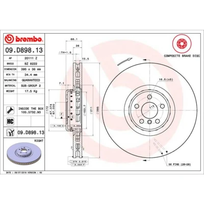 Abbildung von BREMBO 09.D898.13 Bremsscheibe 395 36 5 Verbundbremsscheibe, innenbelüftet beschichtet hochgekohlt mit Schrauben BMW: X5, 7, X4