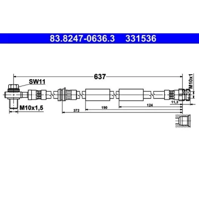 Abbildung von ATE 83.8247 0636.3 Bremsschläuche 637 M10x1 VOLKSWAGEN: Golf 7, 6, 7 Variant, SEAT: Leon III ST, Hatchback, SKODA: Kodiaq
