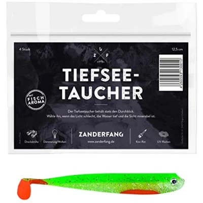 Abbildung von Zanderfang Gummifisch Zander Gummifische grün 4 Stück Tiefseetaucher 12,5 cm Gummi