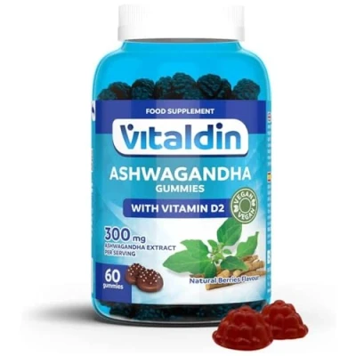 Abbildung von VITALDIN Ashwagandha Gummies 300 mg Wurzelextrakt KSM 66 &amp; 1.000 IU Vitamin D2 60 Fruchtgummis; Rote Beeren Geschmack Adaptogen Anti Stress; zur Beruhigun Entspannung Vegan