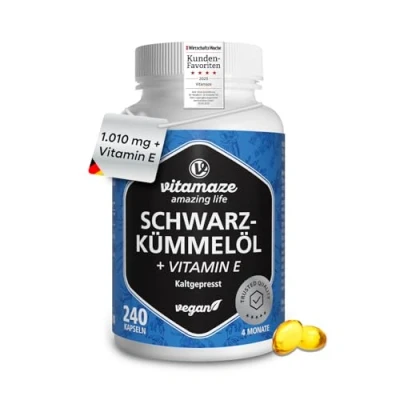Abbildung von Ägyptisches Schwarzkümmelöl mit Vitamin E, 240 vegane Kapseln, Komplex 1010 mg pro Tag (Nigella sativa), Kaltgepresst, Hochdosiert, Sorgfältig Laborgeprüft, Produziert in Deutschland.