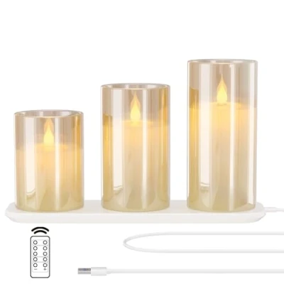 Abbildung von EXTSUD LED kerzen Flackernde Flamme mit Ladestation und Fernbedienung,3er Set Elektrische aus Glas Wiederaufladbare Wassertropfer Kerzenlicht Timerfunktion Gelb