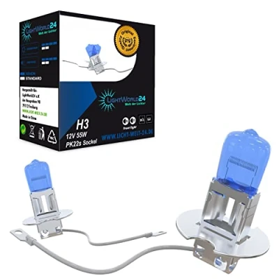 Abbildung von LIGHTWORLD24 Halogen Auto Lampen H3 12V 6000K Kalt Weiß Xenon Optik Ultra White Look Birnen Lampe Abblendlicht Nebelscheinwerfer Fernlicht Kurvenlicht PK22s Sockel 2 Stück