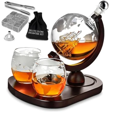 Abbildung von MikaMax Globe Decanter Deluxe Set Globus Dekanter Whisky Karaffe Inklusive 2 Gläser 900 ML Transparent Glas
