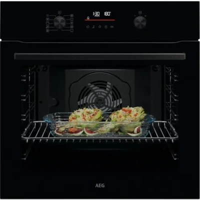 Abbildung von AEG Einbaubackofen Serie 5 Ringheißluft: Gleichmäßige Garergebnisse auf 3 Ebenen Pyrolyse Selbstreinigung 45 Automatikprogramme LED Touchdisplay Schnellaufheizung Schwarz TU5PB40WSK