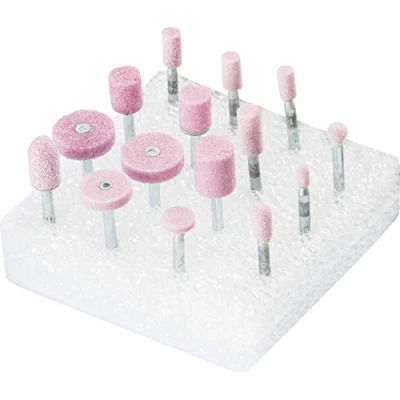 Abbildung von PFERD Schleifstift Set STEEL EDGE, 15 teilig, Schaft ø 3 mm, fein, Edelkorund rosa, 33920231 für den Kanteneinsatz auf Stahl und Stahlguss