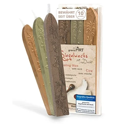 Abbildung von gravurART Siegelwachs Briefe, Einladungen und Geschenke versiegeln aufpeppen mit Stempelwachs für Siegelstempel 3 Stangen Wachs Docht, Mix Bronze Oliv Gold