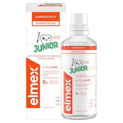 Abbildung von elmex Mundspülung Kariesschutz Junior 6 12 Jahre 400 ml Zahnreinigung mit altersgerechtem Fluoridgehalt schützt die neuen, bleibenden Zähne effektiv vor Karies Minzgeschmack