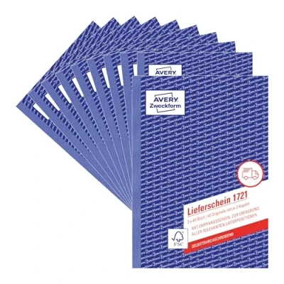 Abbildung von AVERY Zweckform 1721 10 Lieferschein mit Empfangsschein (A5, 3x40 Blatt, selbstdurchschreibend farbigen Durchschlägen, zur Erfassung aller relevanten Lieferpositionen) 10er Pack, weiß/gelb/rosa
