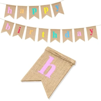 Abbildung von G2PLUS Happy Birthday Leinen Wimpel Girlande, 11.5 Fuß Geburtstag Wimpelkette, Vintage Hessischen Wimpelkette mit 13 STK Wimpeln für Party Dekoration