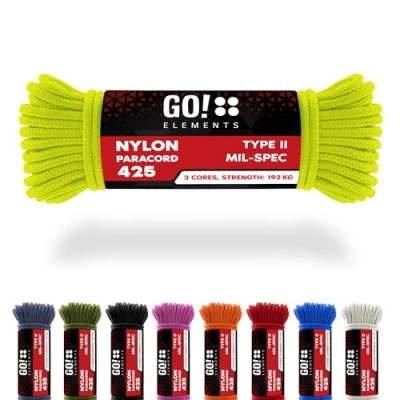 Abbildung von GO!elements 15m Paracord Seil aus reißfestem Nylon 3mm 425 Typ II max. 192kg Schnüre als Outdoor Seil, Allzweckseil, Survival Armband, Hundeleine, Nylonschnur, Farbe: Neon