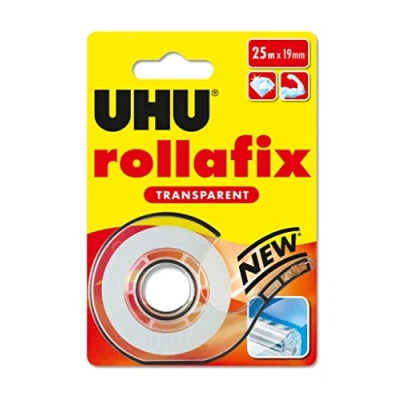 Abbildung von UHU rollafix Klebefilm, Transparentes Klebeband mit passendem Abroller, 19mm x 25 m