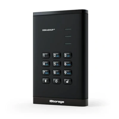 Abbildung von iStorage diskAshur3 HDD 2 TB Festplatte, tragbar, passwortgeschützt, staub und wasserabweisend, Hardware Verschlüsselung, Schwarz