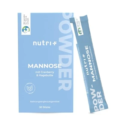 Abbildung von Nutri + D Mannose Pulver mit Cranberry, L Methionin und Hagebutte Extrakt rein pflanzlich Hagebuttenpulver für die Blase 30 Sachets