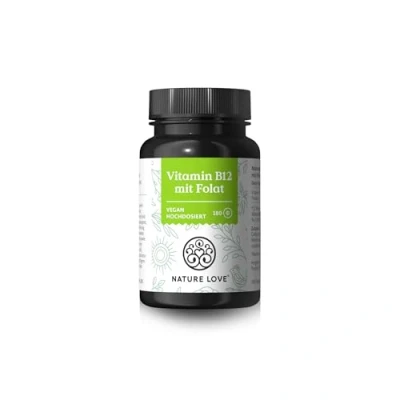 Abbildung von NATURE LOVE® Vitamin B12 Vegan 500 µg pro Tagesdosis 180 Tabletten Beide aktive Formen Adenosyl &amp; Methylcobalamin + Depot Folat 5 MTHF aus Quatrefolic® Hochdosiert und laborgeprüft