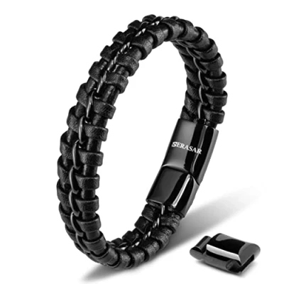 Abbildung von SERASAR Herrenarmband Leder 23cm Schwarz Männer Armband Armreif Herren Lederband Herrenarmreif Armschmuck Schmuck Armkette Flecht Wickelarmband Kette