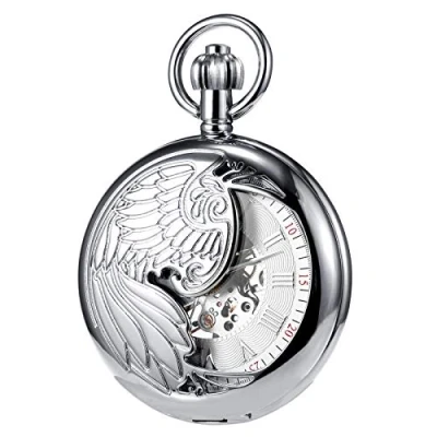 Abbildung von TREEWETO Herren Taschenuhr mit Kette, Retro Adler Analog Steampunk Skelett Uhr, Mechanisch Handaufzug Taschenuhren römischen Ziffern für Silber