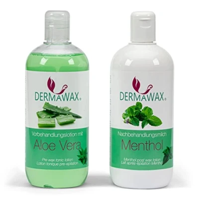 Abbildung von Dermawax Waxing Vor und Nachbehandlung Set Hautpflege Tonisierende Vorbehandlungslotion Cleanser mit Aloe Vera Nachbehandlungsmilch Menthol entfernt Wachsreste pflegt die Haut