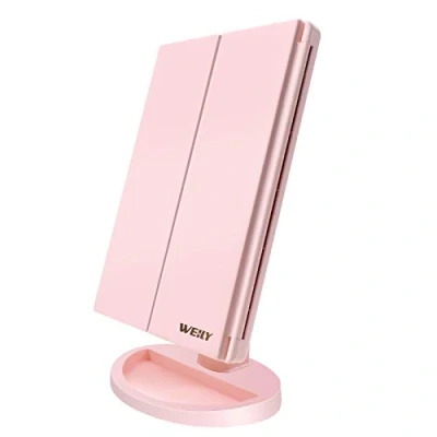 Abbildung von WEILY Schminkspiegel mit Beleuchtung, Faltbare Kosmetikspiegel 1X/2X/3X Vergrößerung, Touch Tischspiegel Unterstützung USB und Batterie (Rosa)