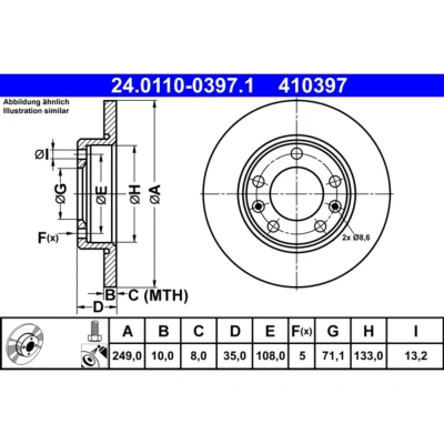 Abbildung von ATE 24.0110 0397.1 Bremsscheibe 249,0 10,0 5 108,0 voll beschichtet mit Schrauben PEUGEOT: 308 II Hatchback, SW 2, Box Body / Estate
