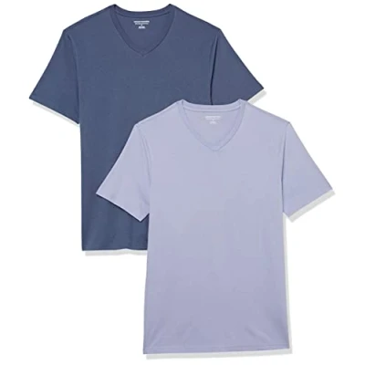 Abbildung von Amazon Essentials Herren Kurzärmelige T Shirts mit V Ausschnitt, 2er Pack, Dunkelblau/Lavendel, XL