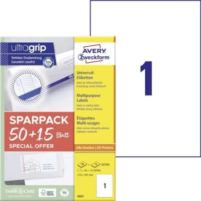 Abbildung von AVERY Zweckform 6603 Universal Etiketten (50 plus 15 Klebeetiketten extra, 210x297mm auf A4, Papier matt, bedruckbare Versandetiketten, selbstklebende Versandaufkleber mit ultragrip) 65 Blatt, weiß