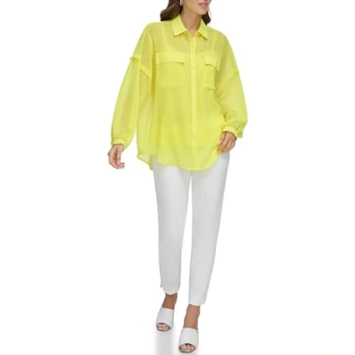 Abbildung von DKNY Women&#039;s Long Sleeve 2 Pocket Flange Chiffon Shirt, Limonata, X Large