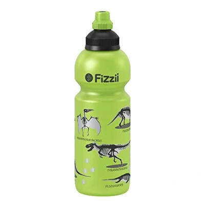 Abbildung von Fizzii Kinder und Freizeittrinkflasche 600 ml (auslaufsicher bei Kohlensäure, schadstofffrei, spülmaschinenfest, Motiv: Dino Lime)
