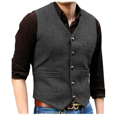 Abbildung von Solovedress Mens Vintage Classic Wolle Anzugweste Formale Regular Fit Weste Anzug für Hochzeit Groomsmen(Grey,XXXL)